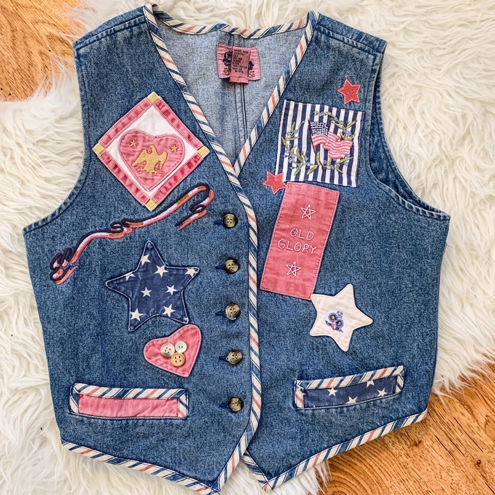 80s Vintage Patriotic Denim Vest Small
